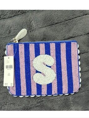 Anthropologie Beaded Monogram Stripe Initial "S" Pouch, New With Tags